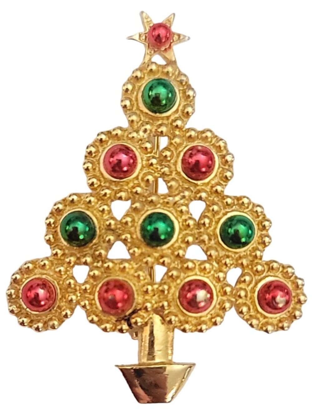 LIA Gold Tone Red Green Enamel Christmas Tree Brooch Pin, Signed K697